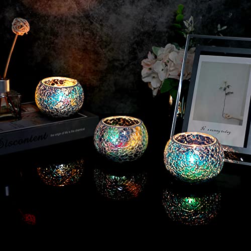 OwnMy 3PCS Mosaic Glass Tea Light Holders Round Bowl Votive Candle Holders - color: Blue