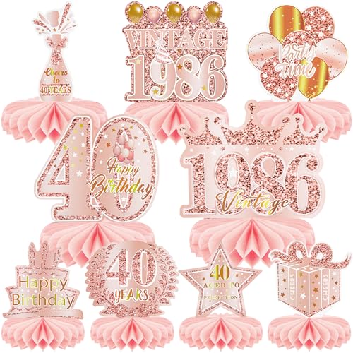 9 Pcs 40th Birthday Decoration for Women 1986 Pink Table Honeycomb Decor - color: 40th-rose Gold Pink