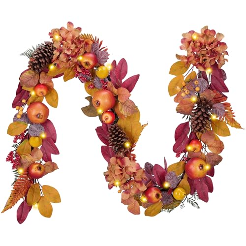 DecorbyHannah 6ft Fall Garland for Mantle with Lights & Leaves Pomegranate