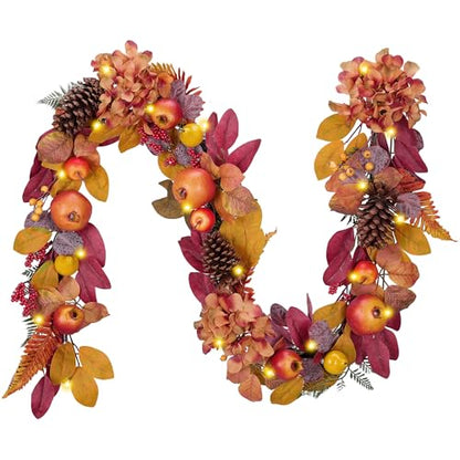 DecorbyHannah 6ft Fall Garland for Mantle with Lights & Leaves Pomegranate
