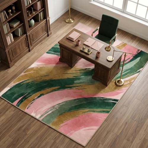 6x9 Pink and Green Area Rug, Modern Abstract Brushstroke Design - color: Pink/Green/Gold, size: 6' x 9' (Rectangular)