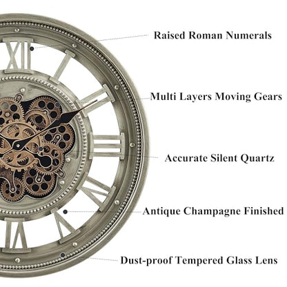 CLXEAST 24" Moving Gear Wall Clock for Living Room, Antique Champagne | Metal Case, Tempered Glass Lens, SIilent Non Ticking, Industrial Farmhouse Wall Clock for Dinning Room & Home Office - color: 24" Antique Champagne
