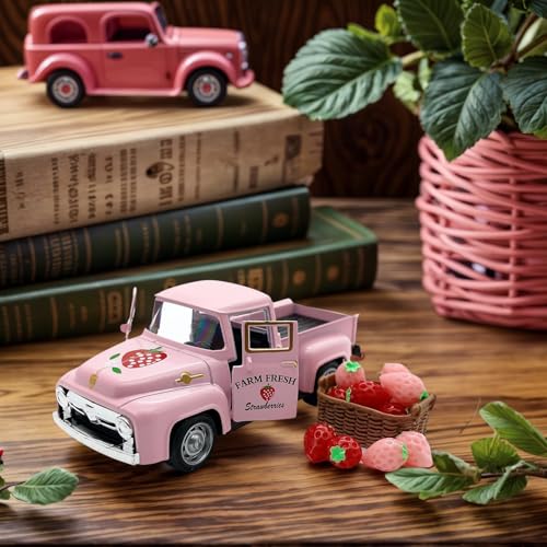 4.9″ Mini Vintage Strawberry Pink Metal Farm Truck Decor with Fake Strawberries, Home Kitchen Centerpieces for Tables Farmhouse Pickup Tiered Tray Stand Decorations, Spring & Christmas Desk Display - color: Pink-strawberry