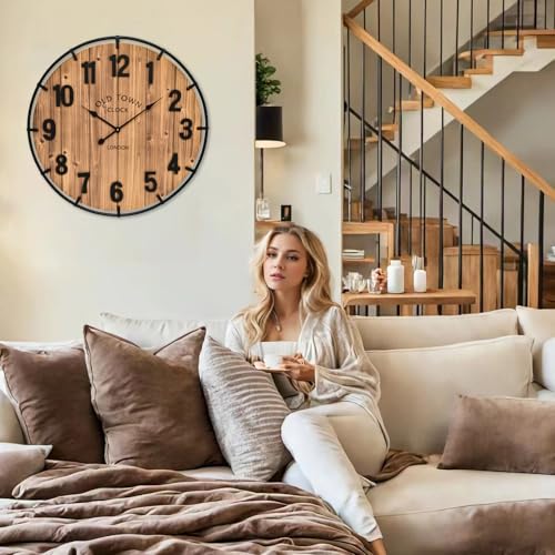 EMAX HOME Large Old Town Farmhouse Wall Clock 20 Inches - Rustic Antique Wood with Metal Circle and Large Numerals Silent Battery Operated Wall Clock for Office Kitchen Bedroom Living Room - color: Brown, size: 20 Inch