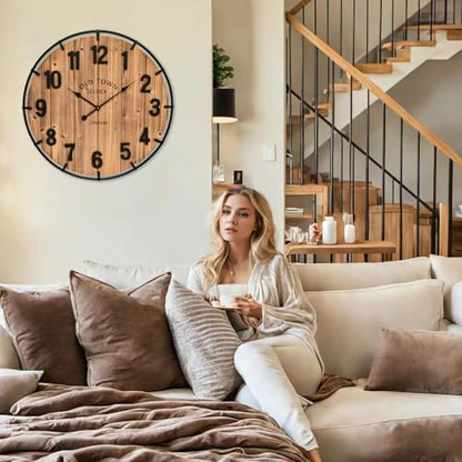 EMAX HOME Large Old Town Farmhouse Wall Clock 20 Inches - Rustic Antique Wood with Metal Circle and Large Numerals Silent Battery Operated Wall Clock for Office Kitchen Bedroom Living Room - color: Brown, size: 20 Inch