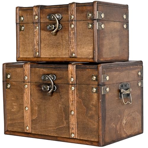 Decorative Vintage Wooden Storage Trunk Set of 2 with Antique Finish - color: Brown, size: 8.3" x 10.2"