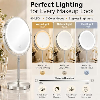 DEIOVWXS Makeup Mirror, Rechargeable Vanity Mirror with 3 Lights, 1X/10X - color: Nickel