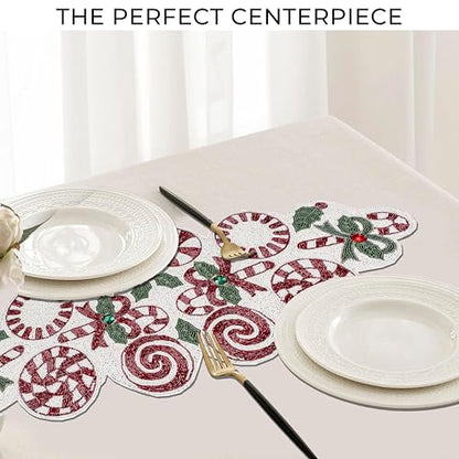 Beaded Christmas Table Runner, 13 x 36 Inches, Festive Holiday Table Decor - color: Red/Green/White