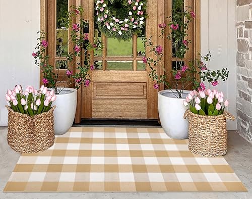 Washable Outdoor Rug 3'x5',Khaki and White Checkered Front Porch Rug - color: Khaki White, size: 3' x 5' (Rectangular)