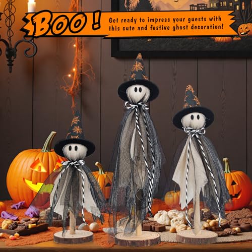 Halloween Decorations Ghost Shelf Sitters – Set of 3 Wooden Halloween decor with Witch Hats – Fabric Ghost Figures with Spiderweb Design – Table Decor for Tiered Tray, Mantel, Party Supplies(Black) - color: Black