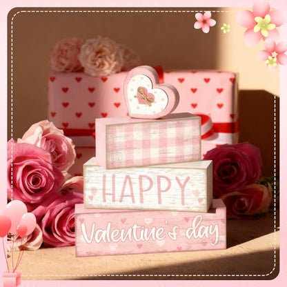 Britimes Tiered Tray Decor Set, 4 Pack, Wooden Table Sign, Pink Valentine - style: Pink Happy Valentine