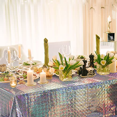 FunnyPars 4 Pack Iridescent Plastic Tablecloths Shiny Disposable Laser Rectangle Table Covers Holographic Foil Tablecloth Iridescent Party Decoration Birthday Bridal Wedding Christmas 54"x108"(Silver) - color: Silver