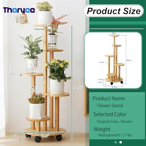 5 Tier Plant Stand Indoor Wood Shelf Corner Rack with Wheels, Wood Color