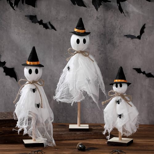 Tellegloww 3 Pcs Halloween Ghost Centerpieces Wooden Stand with Witch Hat