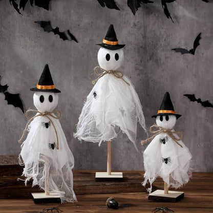Tellegloww 3 Pcs Halloween Ghost Centerpieces Wooden Stand with Witch Hat