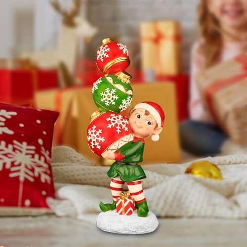 YUETJIN 12" Christmas Elf Figurine with Color-Changing Stacked Ornaments
