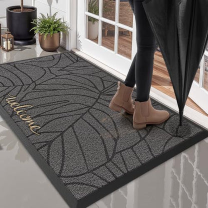 LUMI Outside Welcome Door Mat 36x59, Non-Slip Heavy Duty Dirt Trapper, Grey - color: Grey Gold Monstera, size: 36"x59"
