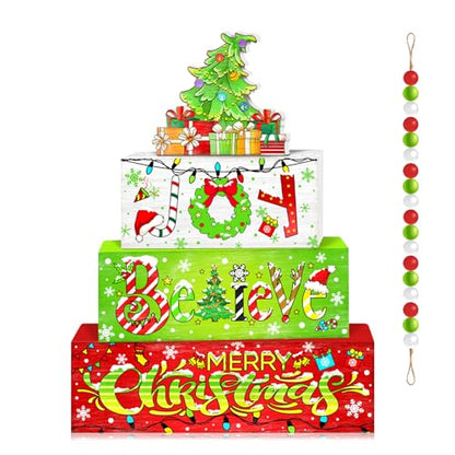 Britimes Christmas Tiered Tray Decor Set, 4 Pack, Wooden Table Sign Holiday - color: Joy Tree