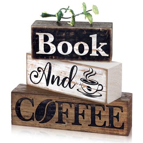 Moucuny 4 Pcs Farmhouse Table Decor Rustic Wooden Book and Coffee Signs - style: Coffee
