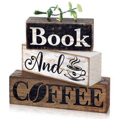 Moucuny 4 Pcs Farmhouse Table Decor Rustic Wooden Book and Coffee Signs - style: Coffee