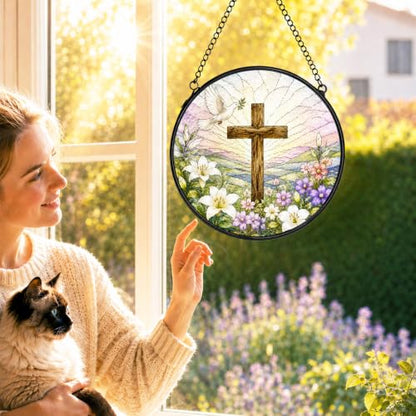 Christian Cross Stained Glass Window Hanging Decorations 7.9x7.9 - color: Crucifix-1