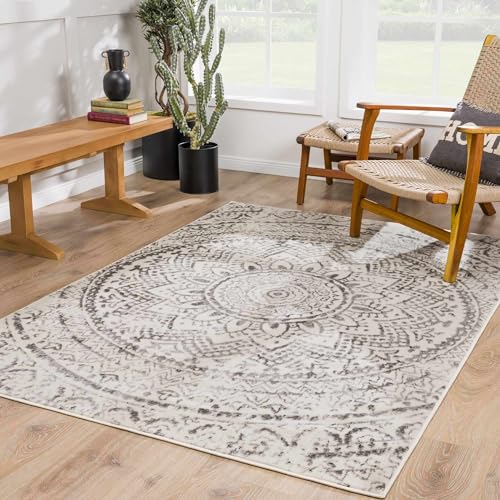 Hauteloom Tadcaster Area Rug - Medallion Floral Geometric Circles Distressed - Farmhouse Boho Traditional Moroccan Transitional - Light Gray, Gray, Medium Gray, Cream, Ivory - 6'7" x 9' - color: Light Gray, Gray, Medium Gray / Tadcaster, size: 6'7" x 9' (