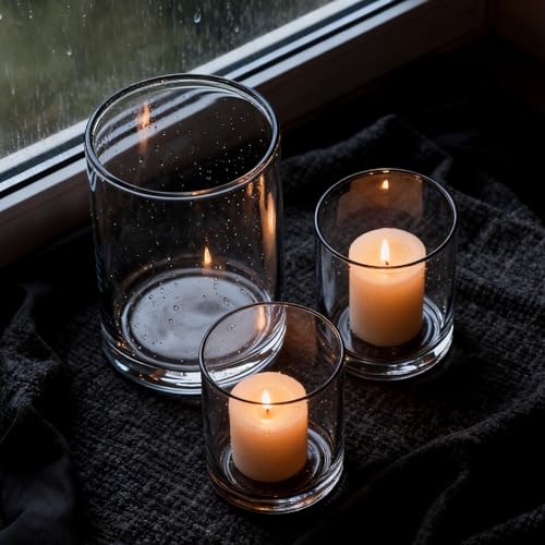 Set of 3 Hand Blown Glass Hurricane Candle Holders, Clear Seeded Bubbles Cylinder Pillar Candle Vases in 5/7/8 Inch, Farmhouse Table Centerpieces for Living Dining Kitchen Island