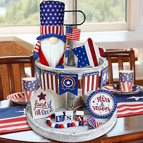 9PCS 4th of July Tiered Tray Decor, Red White and Blue Decorations Patriotic Gnome, Memorial Labour Day Wood Signs, 250th Anniversary Farmhouse Rustic Patriotic Decorations for Home - style: Patriotic