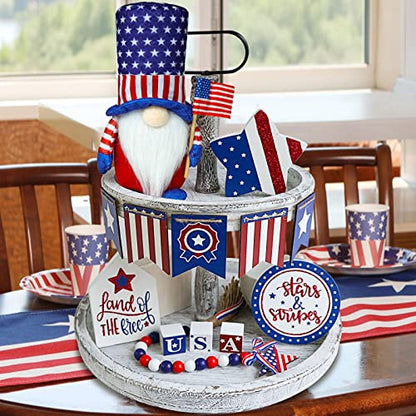 9PCS 4th of July Tiered Tray Decor, Red White and Blue Decorations Patriotic Gnome, Memorial Labour Day Wood Signs, 250th Anniversary Farmhouse Rustic Patriotic Decorations for Home - style: Patriotic