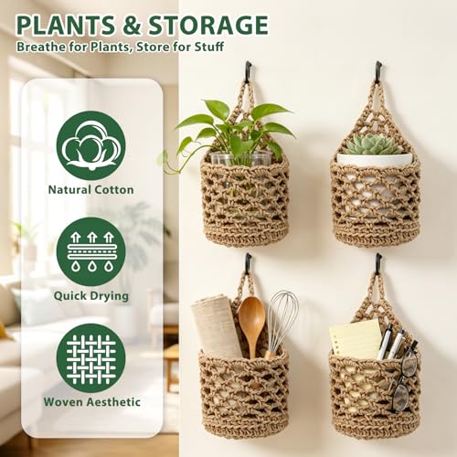 4-PCS 5 Inch Macrame Wall Plant Hangers, Small Wall Hanging Plant Holder with Hooks, Natural Cotton Rope Hanger for Indoor Plants & Daily Storage, Boho Home Decor - color: Natural