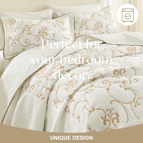 100% Cotton Oversized Bedspread Quilt Coverlet Set, 120"x102" Extra Large Queen Bedspreads with Pillow Shams, Lightweight Embroidered Bedding Cover 3 Piece, Beige/White - color: Beige/White, size: Oversized Queen(120"x102")