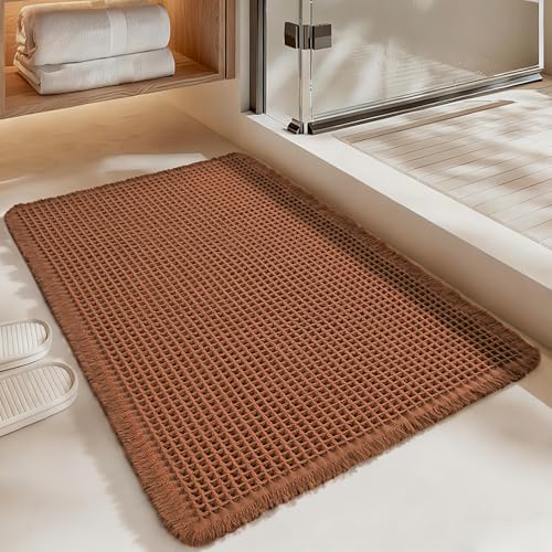 Luxury Waffle Bath Mat, Super Absorbent Non Slip Bathroom Rugs, Boho Ultra Soft Comfort Machine Washable Quick Dry Floor Mats with Tassels (Coffee, 20" x 30") - color: Coffee, size: 20" X 30"