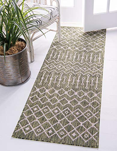 Unique Loom Outdoor Trellis Collection Area Rug - Tribal Trellis (2' x 6' 1" Runner, Green/ Natural) - color: Green/Natural, size: 2' x 6'1" (Runner)