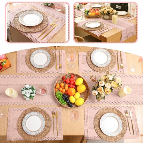 Boho Table Runner and Placemats Set, 6 Sets, Pink, 12x72 - color: Pink, size: 12x72"