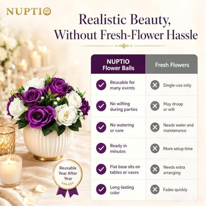 NUPTIO Flower Balls Centerpieces for Tables: Purple & White Fake Roses - color: Purple & White, size: 2 Pcs