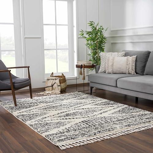 Hauteloom Berber Shag Collection - Fishhook Farmhouse Living Room Bedroom Area Rug with Tassel - Fluffy Plush High Pile Carpet - Southwestern Bohemian Tribal Style - Beige, Black - 5'3" x 7'3" - color: Light Brown, Black, White / Fishhook Fishh, size: 5'3