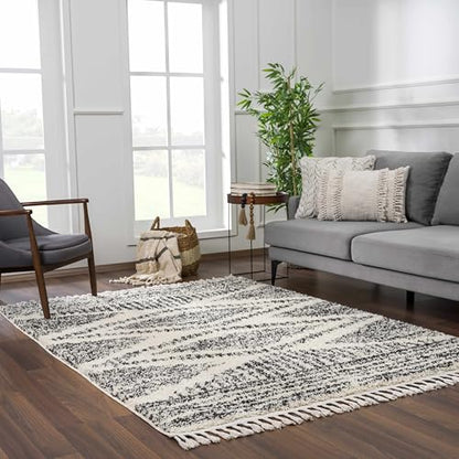 Hauteloom Berber Shag Collection - Fishhook Farmhouse Living Room Bedroom Area Rug with Tassel - Fluffy Plush High Pile Carpet - Southwestern Bohemian Tribal Style - Beige, Black - 5'3" x 7'3" - color: Light Brown, Black, White / Fishhook Fishh, size: 5'3
