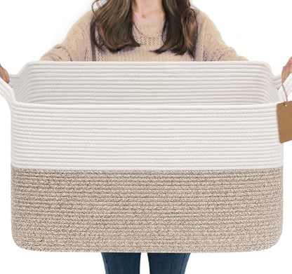 Goodpick 75L Extra Large Woven Rope Blanket Basket, Rectangle, Light Brown - color: Light Brown, size: 22"L x 17"W x 12"H
