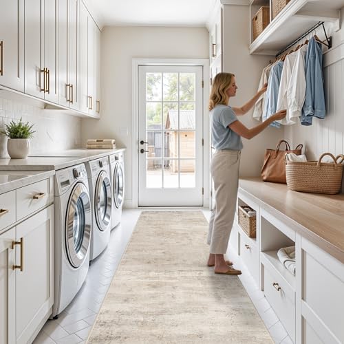 3x10 Washable Hallway Runner Rug - Indoor Modren Abstract Kitchen Carpet with Non Slip Backing Home Decor Long Rugs for Bedroom Laundry Entryway Ultra Soft Floor Mat for Bathroom 3x10 Beige - color: Beige, size: 3' x 10' (Runner)