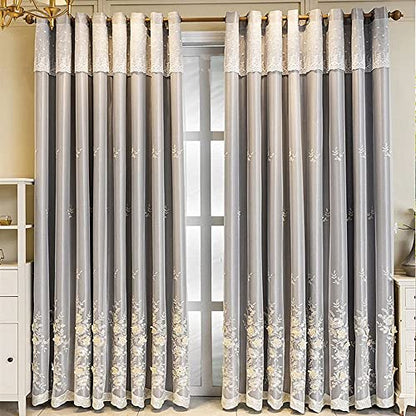 Amidoudou 1 Pair European 3D Flower Luxury Embroidered Curtains Double Layer Curtains with Valance for Living Room Bedroom (Grey,52x84 Inch) - color: Grey, size: 52"W x 84"L (Pack of 2)