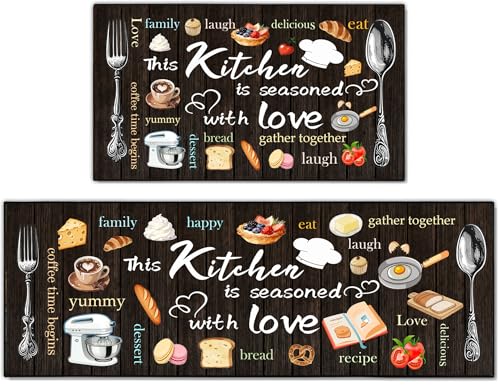 Kitchen Mats for Floor 2 Piece Set,Farmhouse Kitchen Rug Vintage Style Theme Decor,Absorbent Washable Non-Slip Floor Mats 17"x47"+17"x30" - color: Kitchen Black