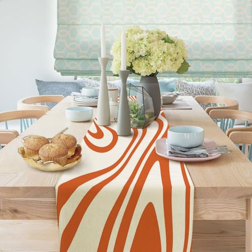 Sage Orange Table Runner, Retro Boho Aesthetic 70S Abstract Wavy Swirl Decor Holiday Kitchen Dining Table Decoration for Indoor Outdoor Home Party Decor 13 x 72 Inch