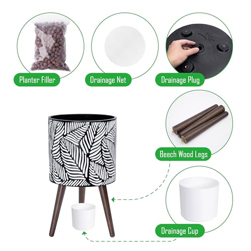 D'vine Dev 12 Inch Planter Pot with Wood Stand, White/Grey, 88-L-C-7 - color: White/Grey, size: Large