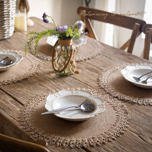FunWheat Burlap Round Braided Placemats Set of 12 for Dining Tables 15 Inch Heat Resistant Jute Table Mats Farmhouse Woven Fabric Natural Place mats (Brown Jute Lace) - color: H Brown Jute Lace, size: 12pcs