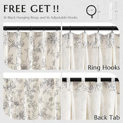 Linen Semi Sheer Curtains 96 Inches Long Pleated Black Floral Print Drapes - color: Black, size: 40"W x 96"L (Pack of 2)