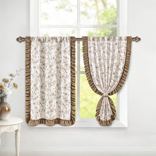Yinhua Floral Kitchen Curtains 36 Inch with Ruffle Tieback, Farmhouse Vintage Linen Kitchen Window Curtains Over Sink, Light Filtering Rod Pocket Small Cafe Curtain, 26" W x 36" L, 2 Panels, Brown - color: Brown, size: 26"W x 36"L (Pack of 2)