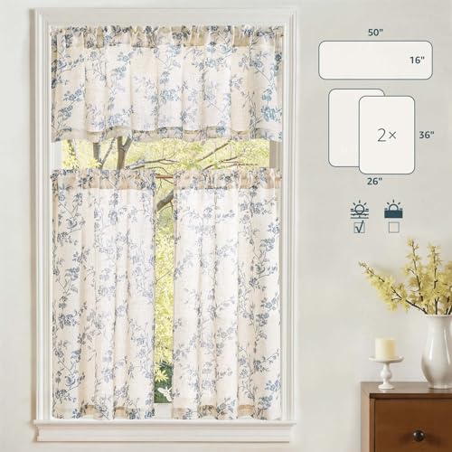 jinchan Blue Linen Floral Kitchen Tier Curtains and Valance Set 3 Pieces - color: Alisa | Blue on Linen, size: 26"W x 36"L (Pack of 3)
