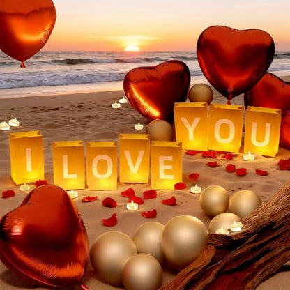 I Love You Decorations – Surprise Set with Light Up Letters, 30 Tea Light Candles, 2000 Rose Petals, 10 Balloons – Luminary Bags for Couples & Romantic Moments - style: I Love You