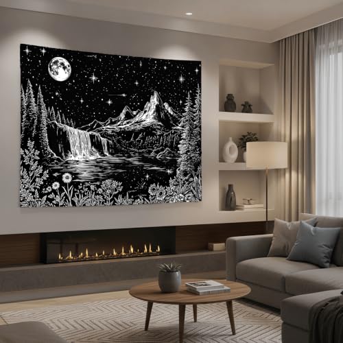 Accnicc Black and White Forest Mountain Tapestry 48x36 Inch - color: Black and White Waterfall, size: 48"L x 36"W
