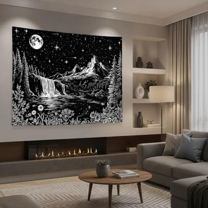 Accnicc Black and White Forest Mountain Tapestry 48x36 Inch - color: Black and White Waterfall, size: 48"L x 36"W
